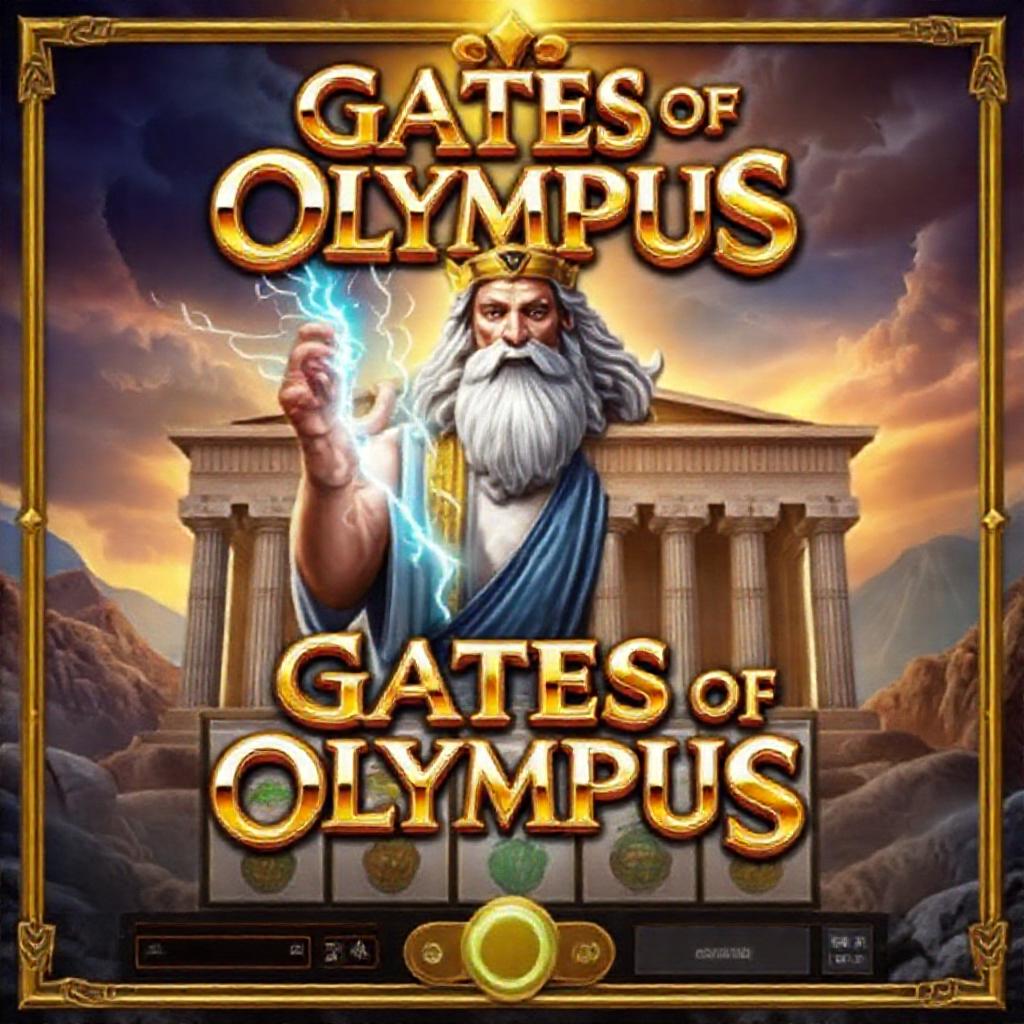 Gates of Olympus slot title screen with Zeus character and ancient Greek temple background