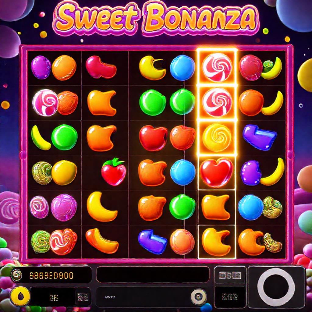 Sweet Bonanza game grid showing cluster wins with candy symbols and lollipop scatters